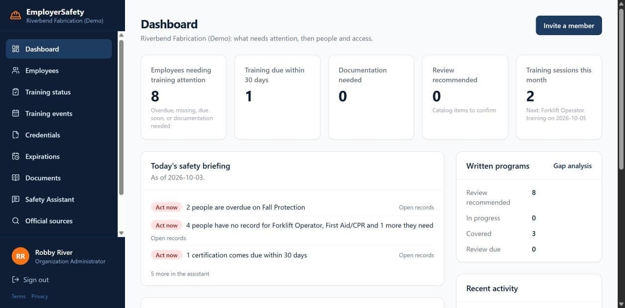 Dashboard showing employees needing training attention, training due within 30 days, the safety briefing and written program coverage