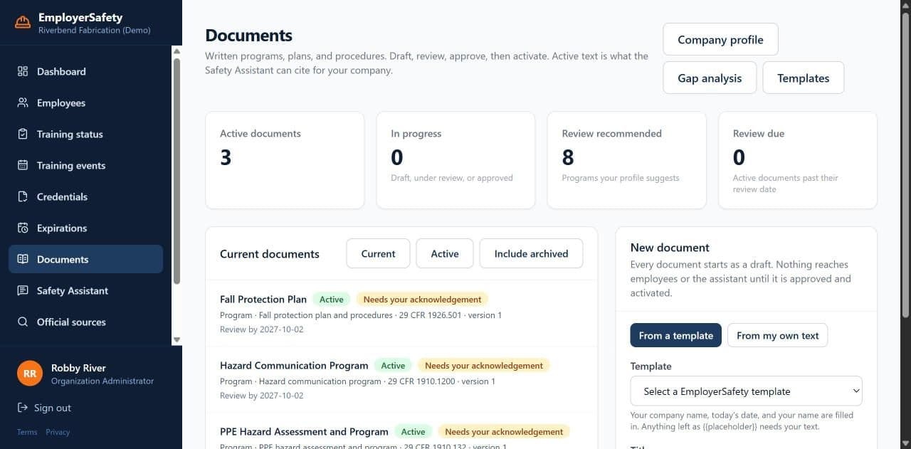 Documents page with active written programs, review dates and the gap analysis